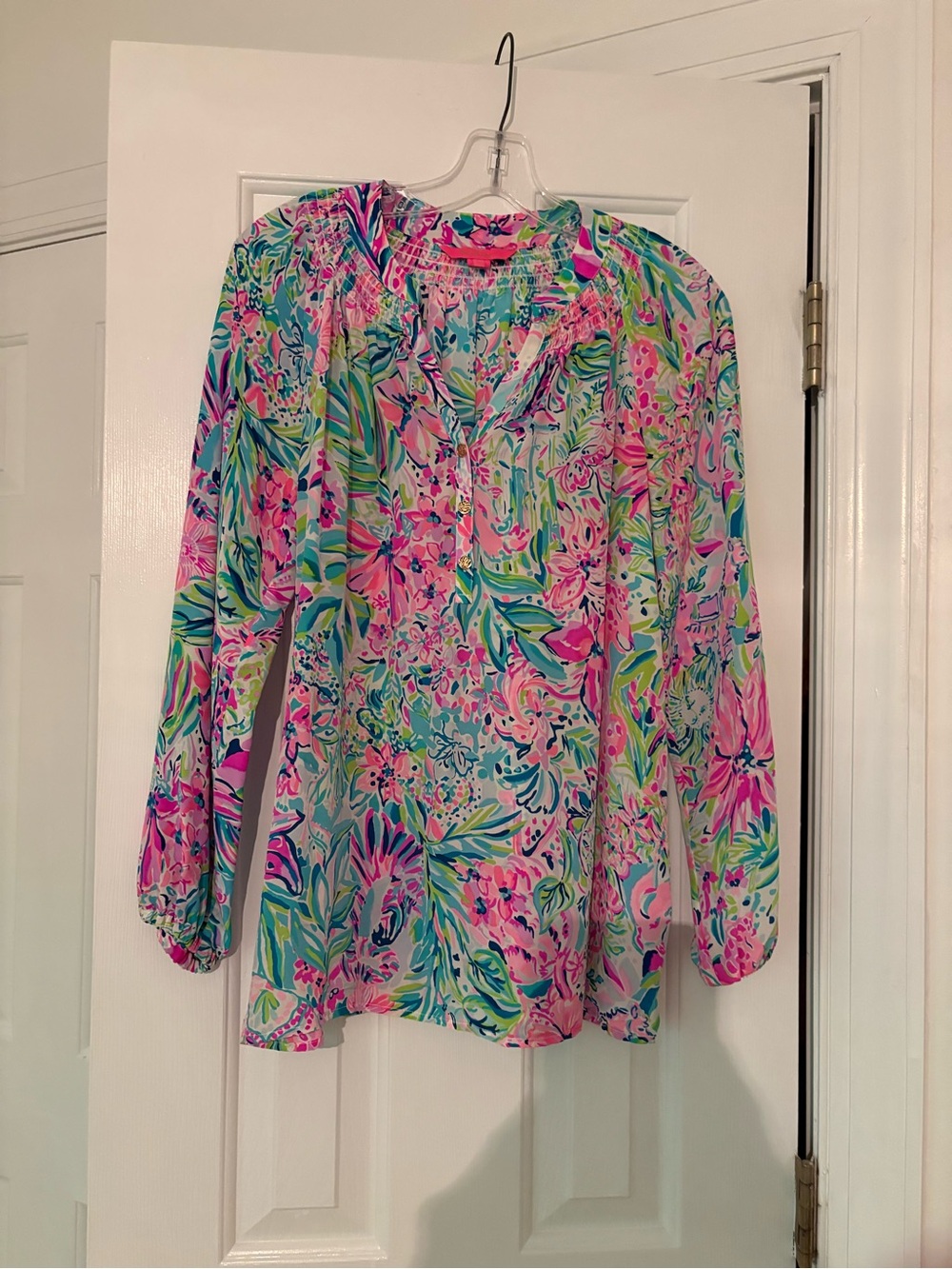 Lily Pulitzer Silk Vibrant Floral Long-Sleeve Women's Blouse - Pink & Blue-Small